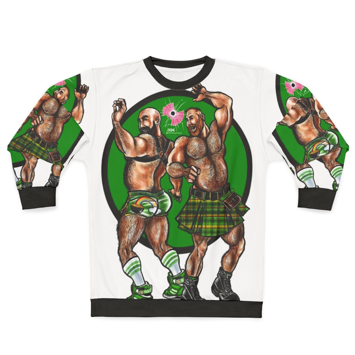 Bearded bear wearing a graphic sweatshirt for gay pride