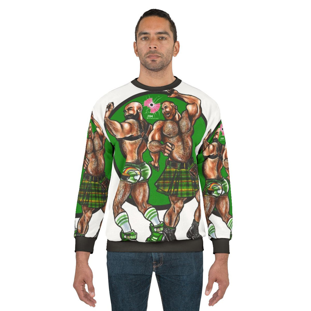 Bearded bear wearing a graphic sweatshirt for gay pride