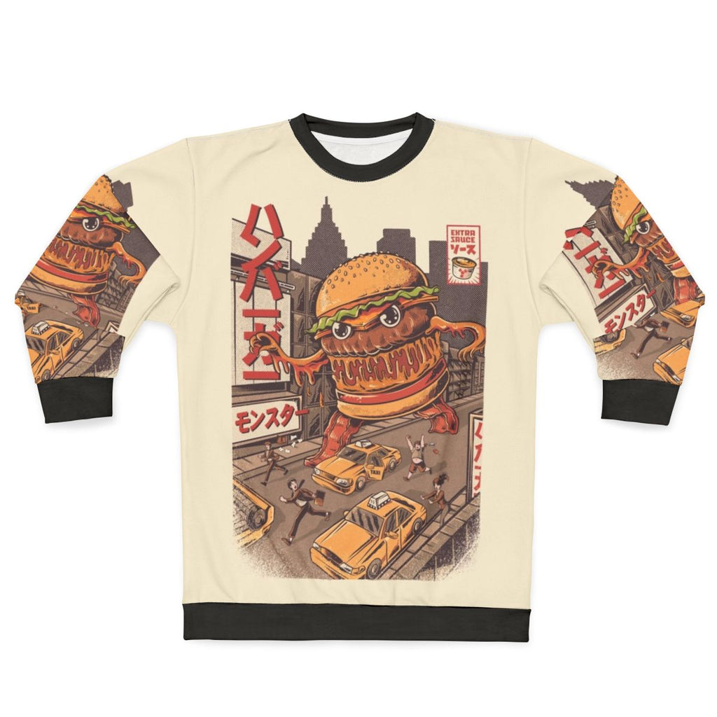 Burgerzilla anime sweatshirt featuring a monster burger graphic