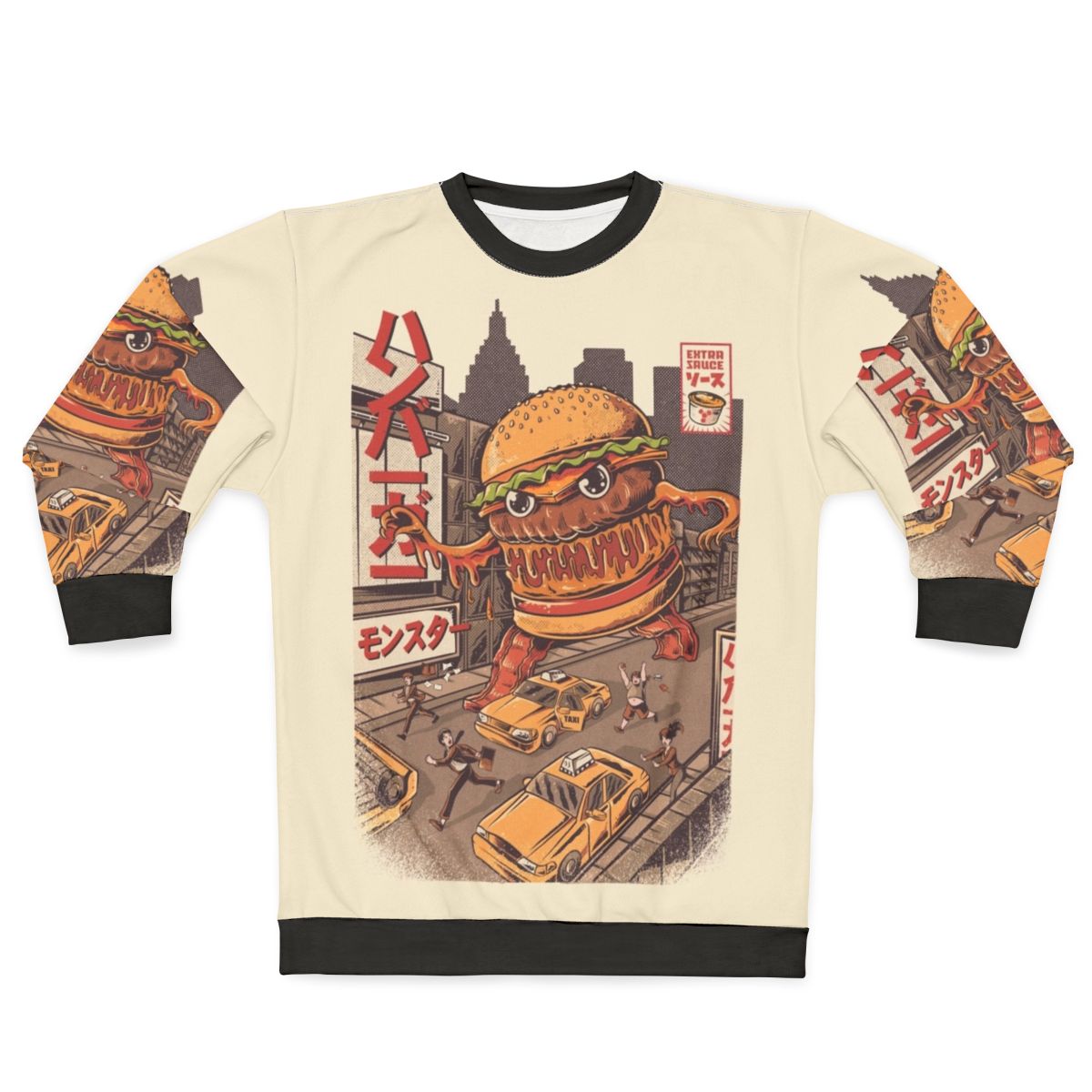 Burgerzilla anime sweatshirt featuring a monster burger graphic