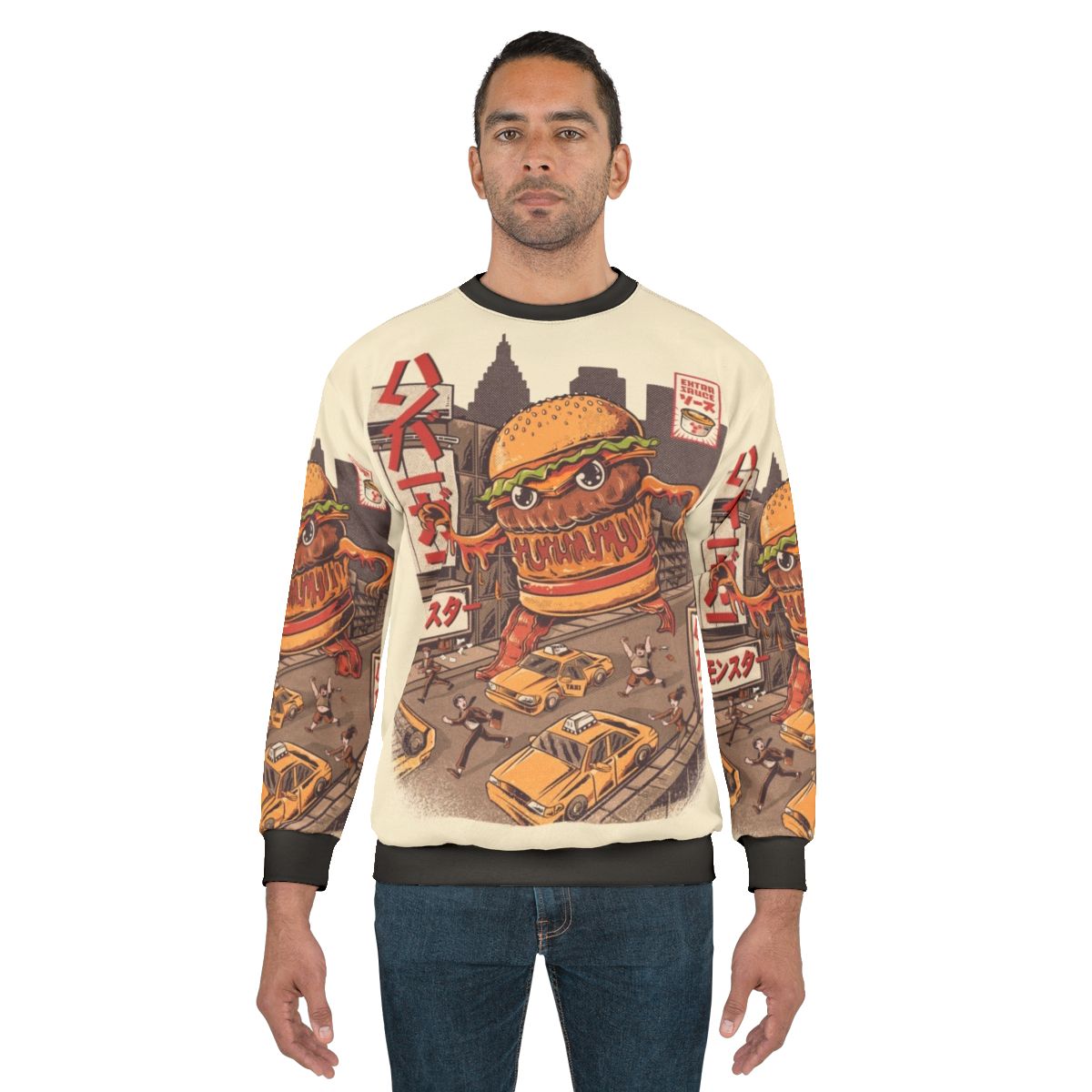 Burgerzilla anime sweatshirt featuring a monster burger graphic