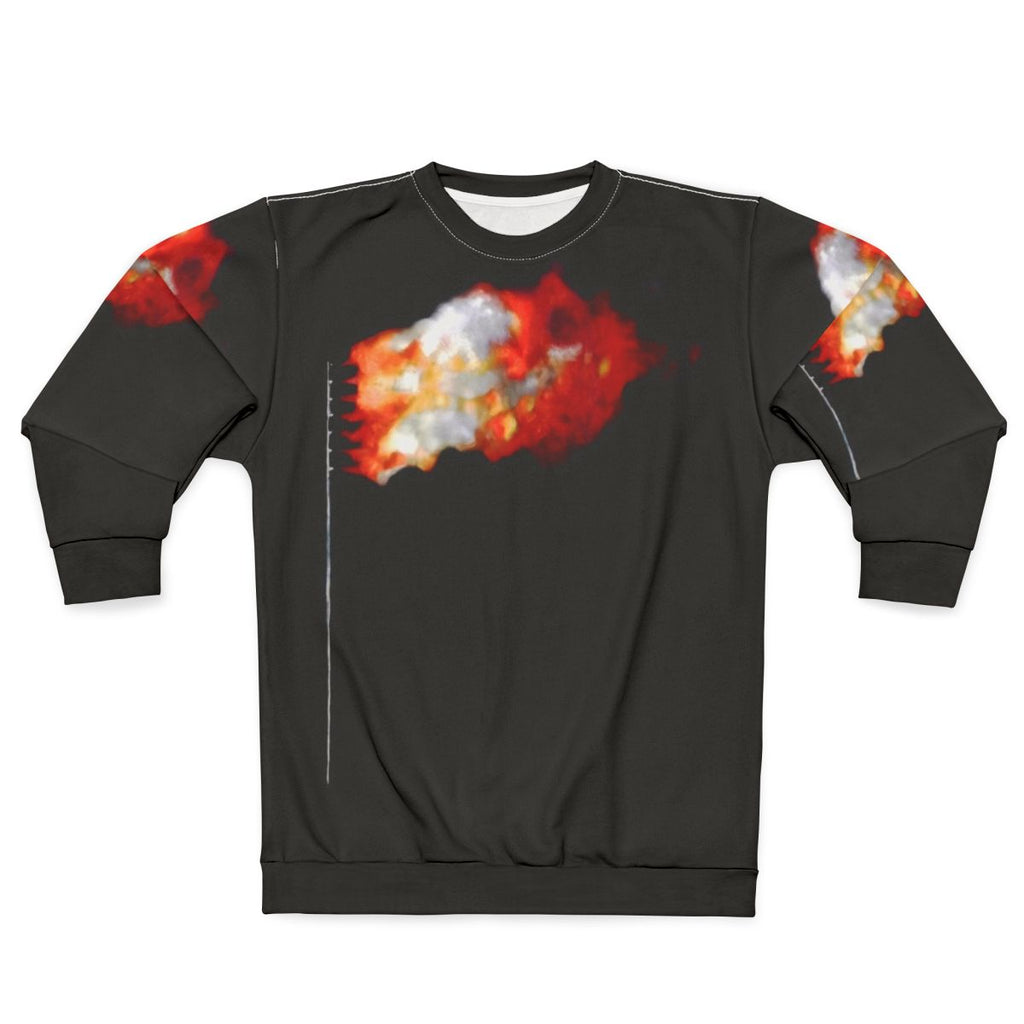 Burning American flag design on a patriotic sweatshirt