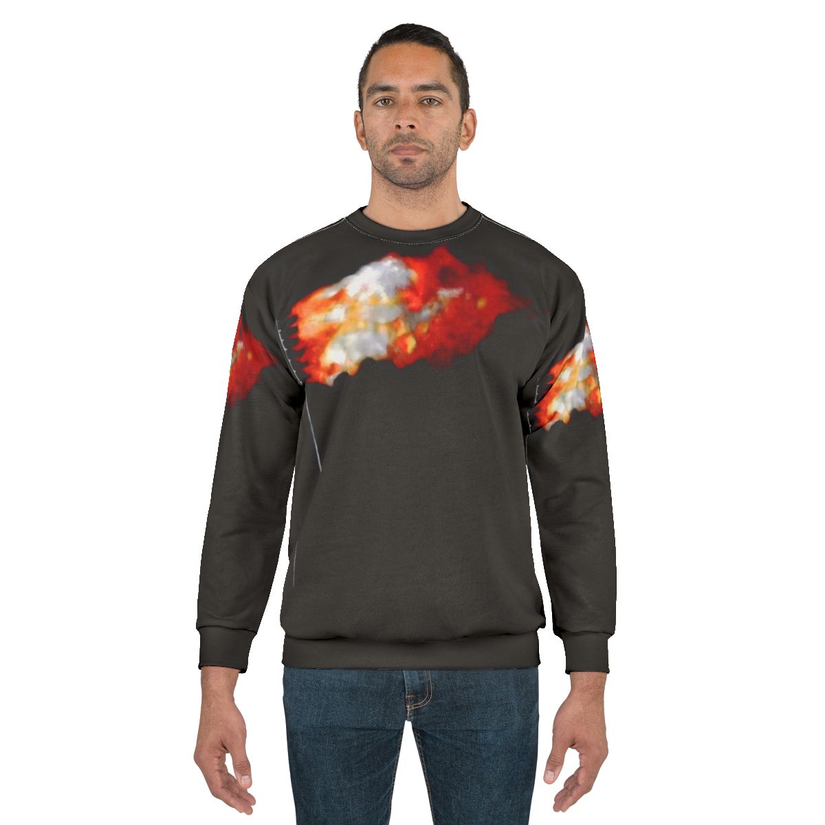 Burning American flag design on a patriotic sweatshirt