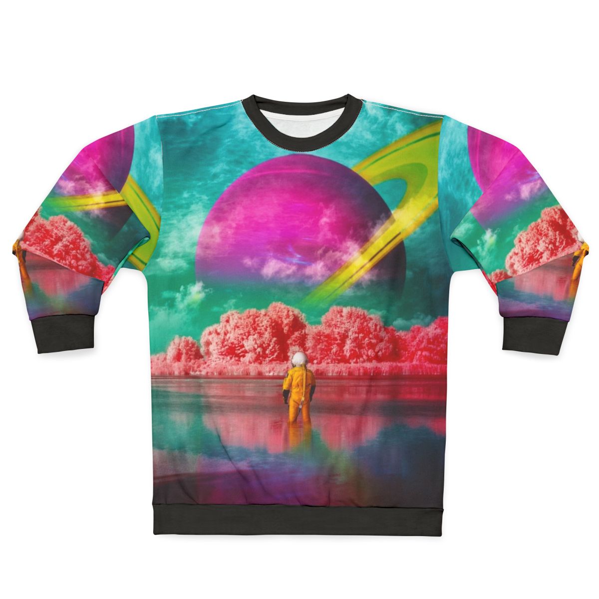 Surreal digital art sweatshirt with river and astronaut design