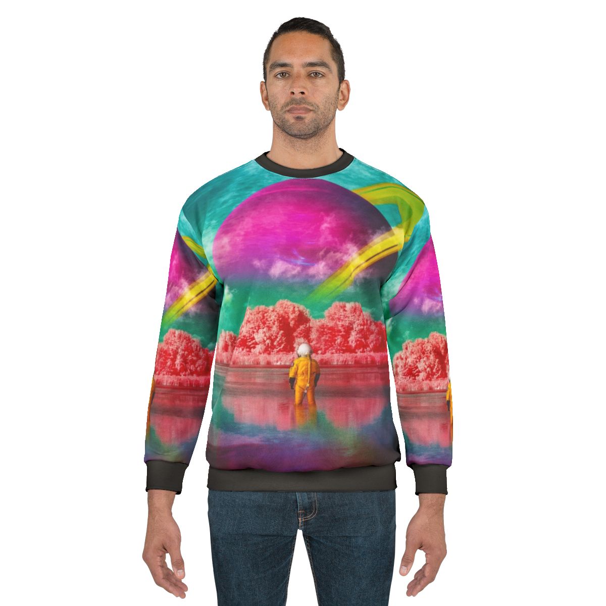 Surreal digital art sweatshirt with river and astronaut design