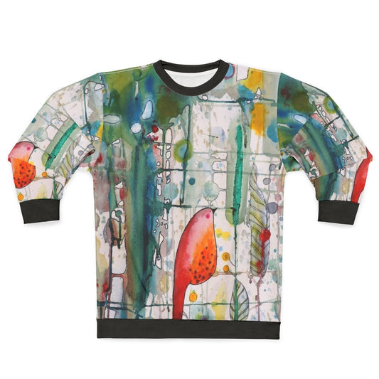 Watercolor bird sweatshirt with forest leaves and feathers