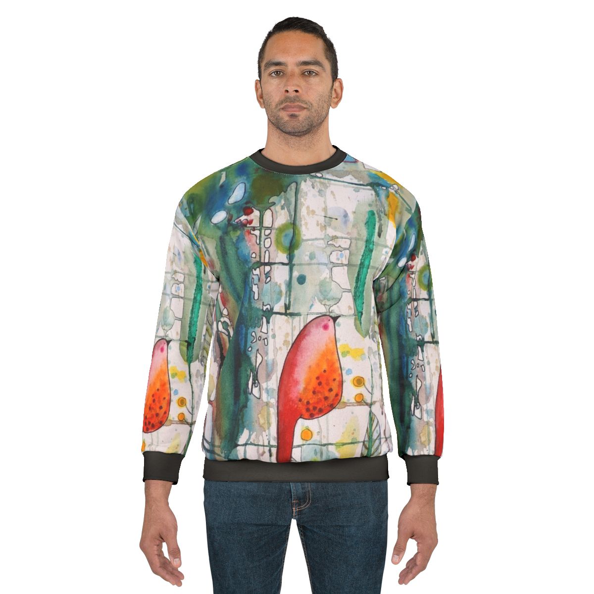 Watercolor bird sweatshirt with forest leaves and feathers