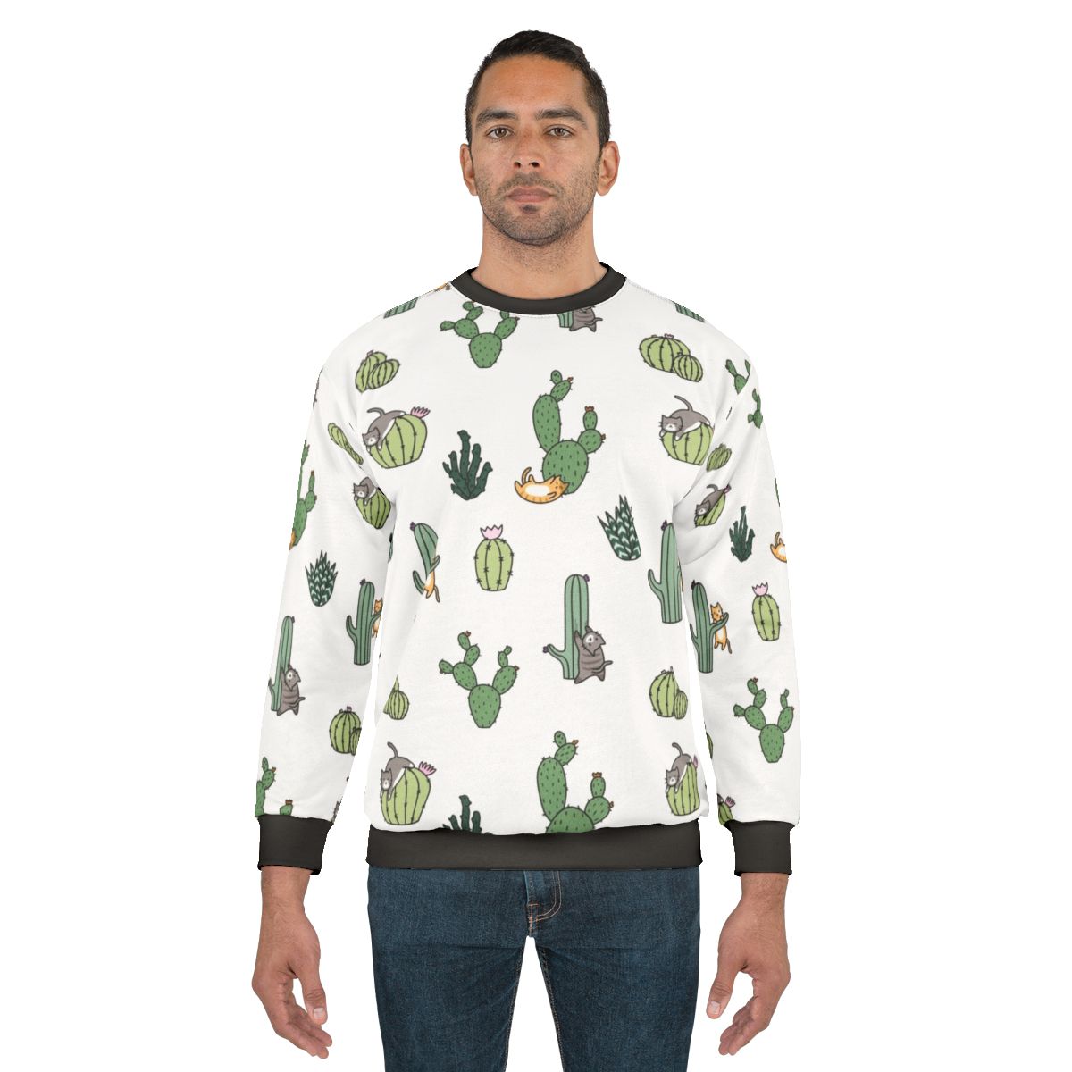 Cacti Cats Sweatshirt featuring a cute kawaii cactus cat design