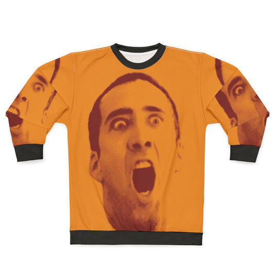 Nicolas Cage pop art design on a gray sweatshirt