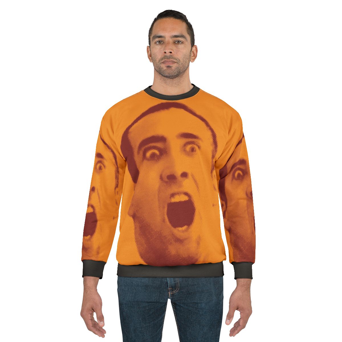 Nicolas Cage pop art design on a gray sweatshirt