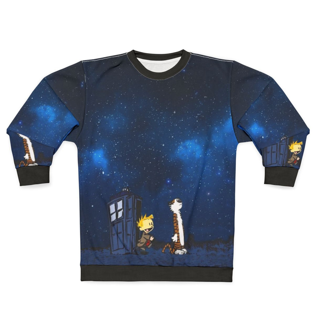 Calvin and Hobbes cartoon characters on a sweatshirt