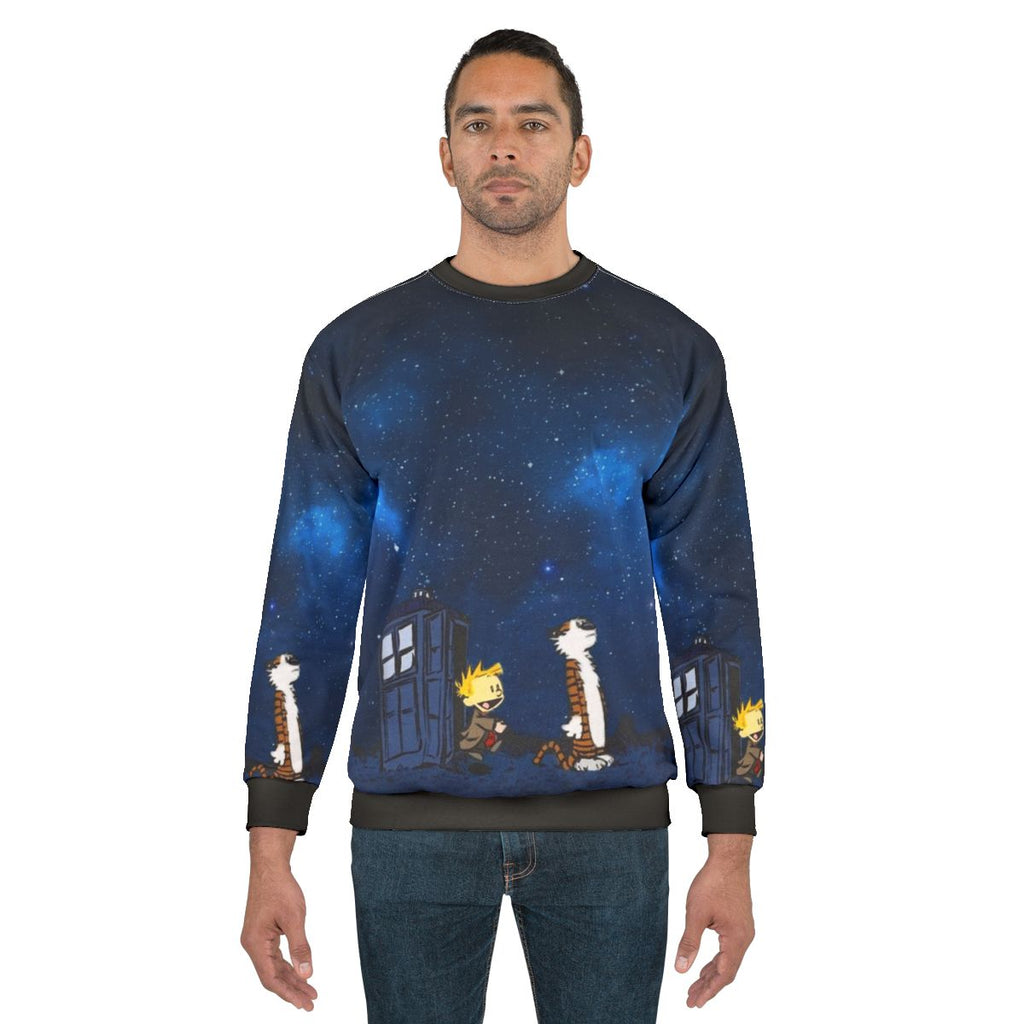 Calvin and Hobbes cartoon characters on a sweatshirt