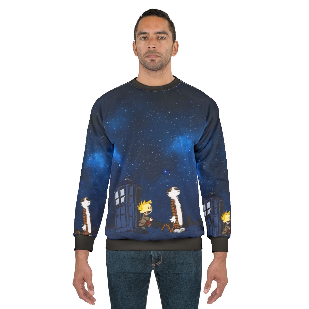 Calvin and Hobbes cartoon characters on a sweatshirt