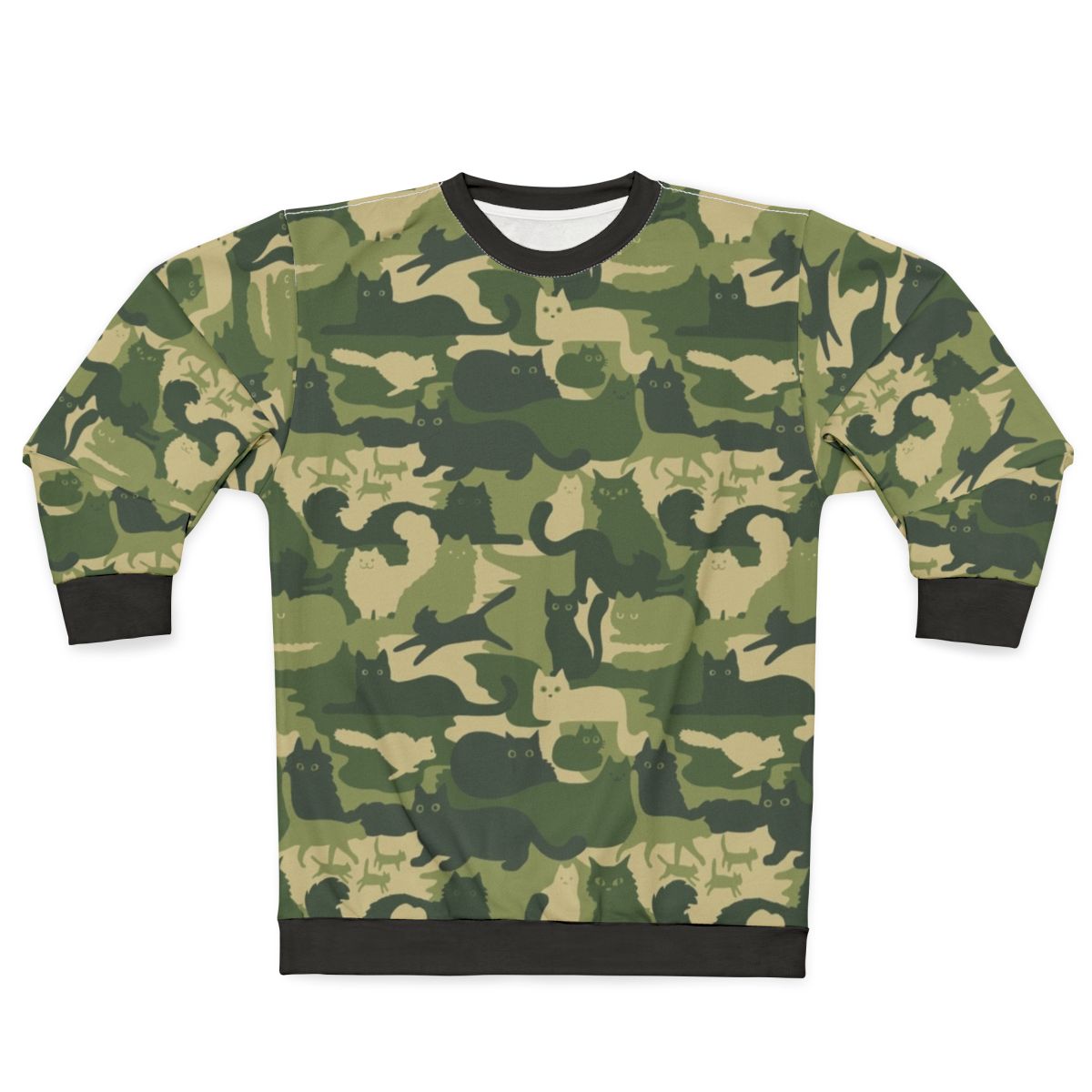 Green camouflage sweatshirt with cat silhouette pattern