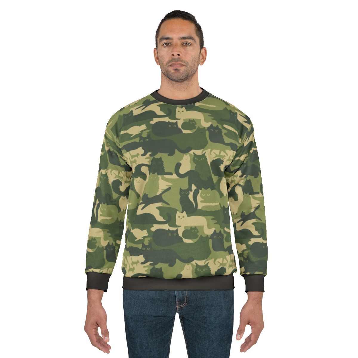 Green camouflage sweatshirt with cat silhouette pattern