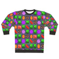 Candy Crush themed sweatshirt with colorful candy graphics