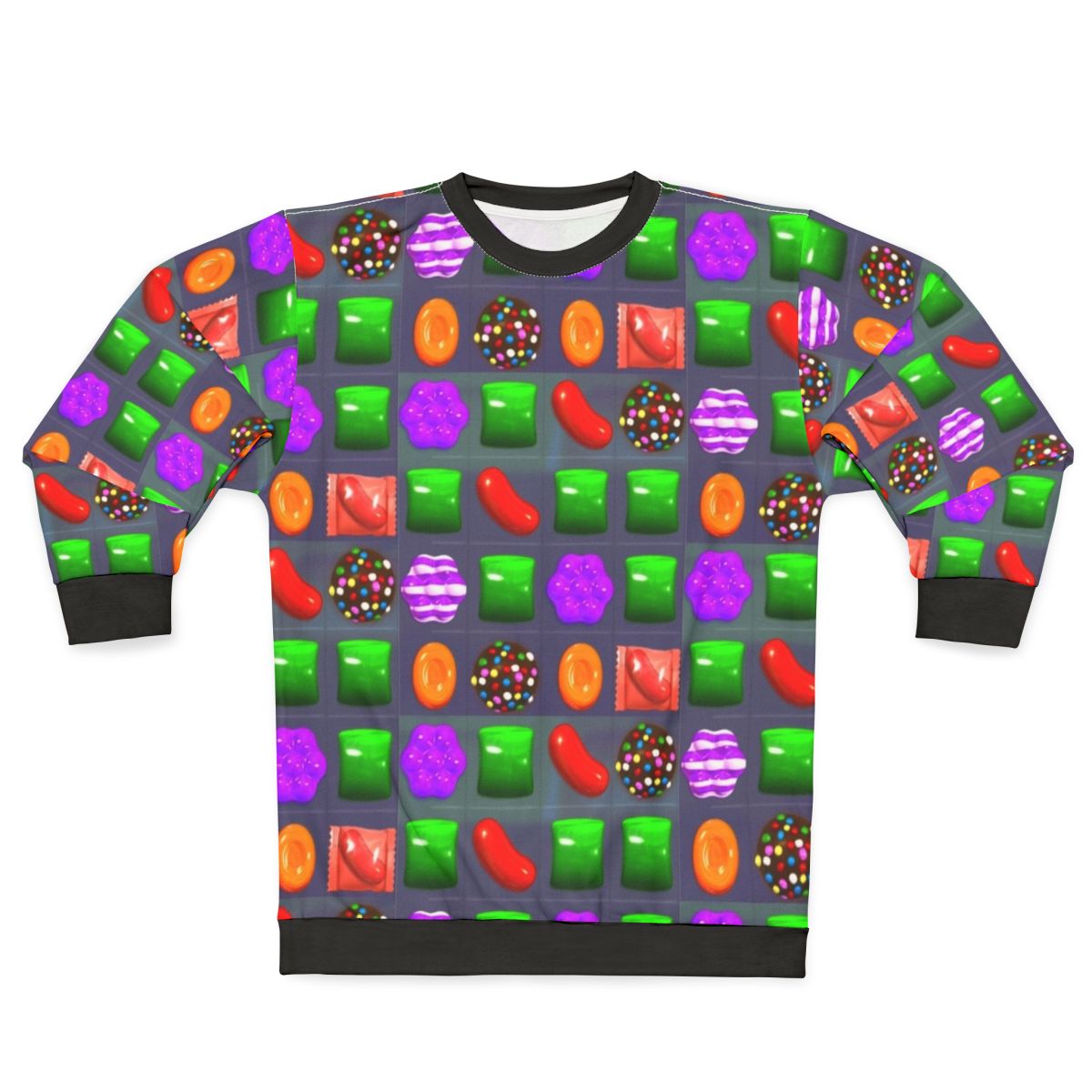 Candy Crush themed sweatshirt with colorful candy graphics