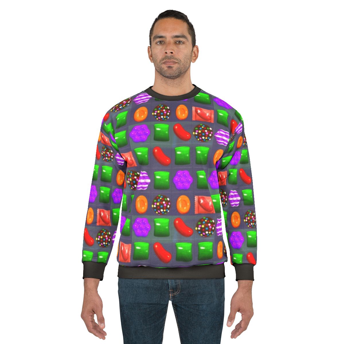 Candy Crush themed sweatshirt with colorful candy graphics
