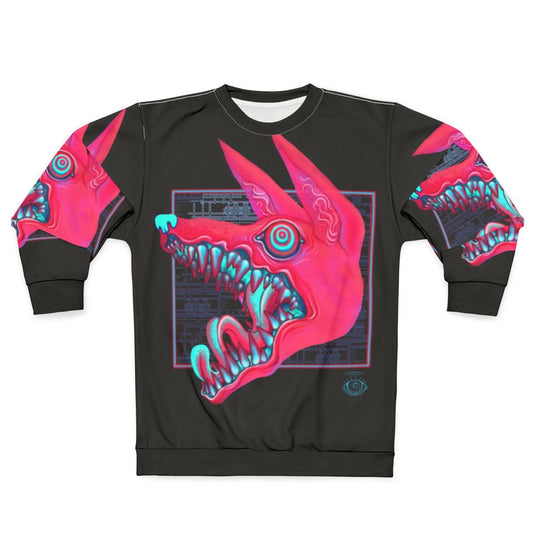 Creepy canine sweatshirt with pastel colored teeth and eyes