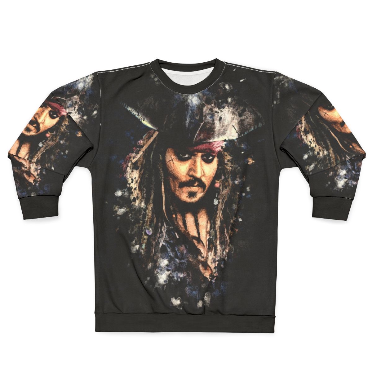 Captain Jack Sparrow portrait on a grunge-style sweatshirt
