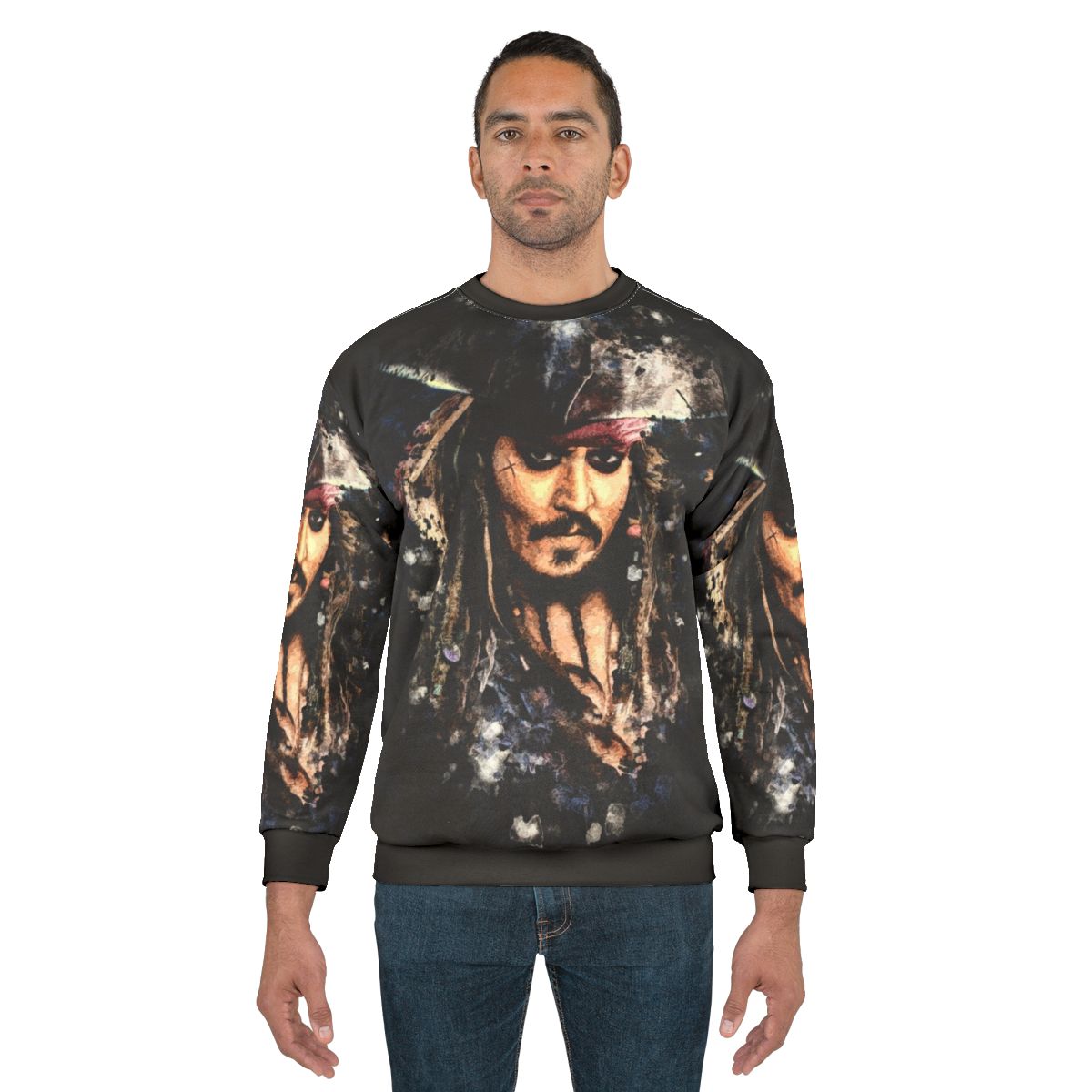 Captain Jack Sparrow portrait on a grunge-style sweatshirt