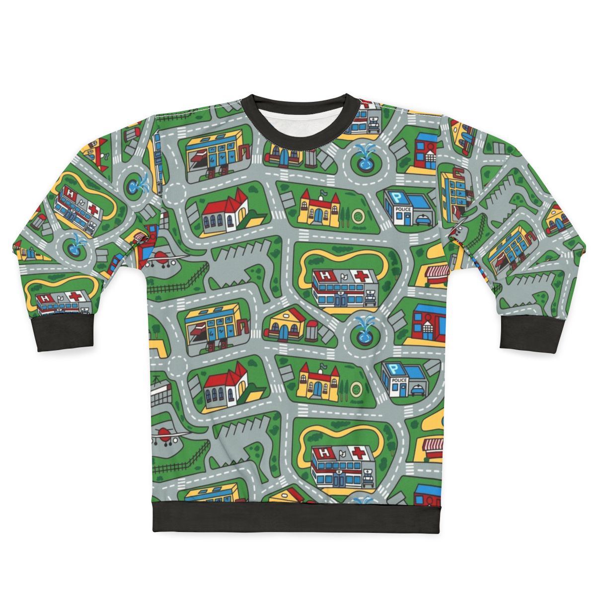 90s nostalgic sweatshirt with car city carpet road rug pattern