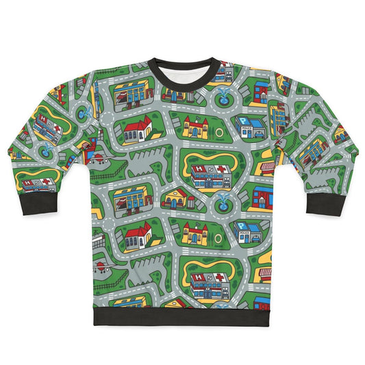 90s nostalgic sweatshirt with car city carpet road rug pattern