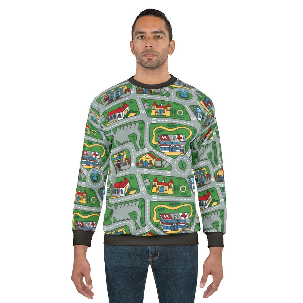 90s nostalgic sweatshirt with car city carpet road rug pattern