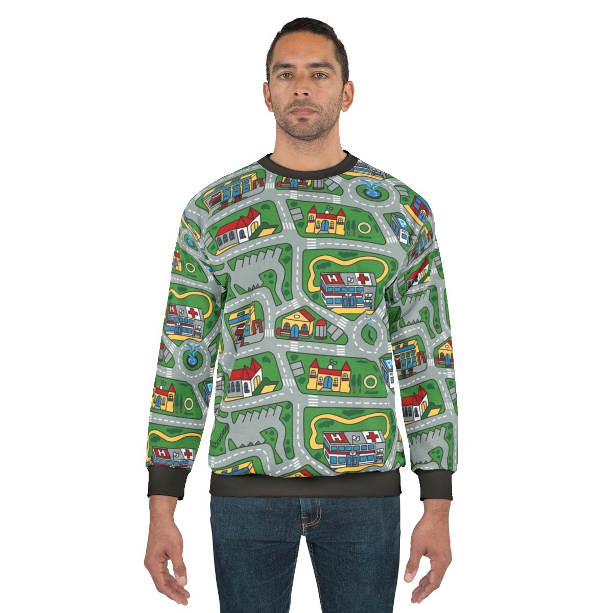 90s nostalgic sweatshirt with car city carpet road rug pattern