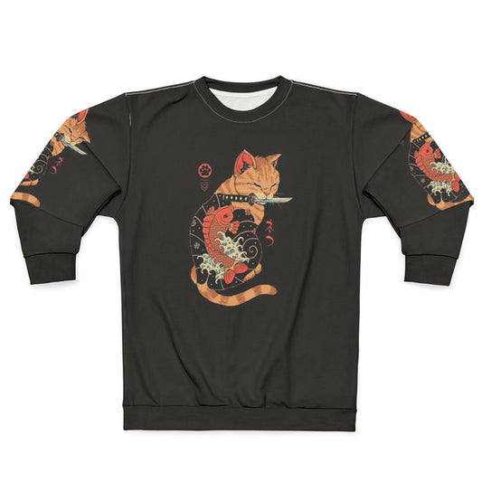 Retro cat sweatshirt with japanese carp tattoo design
