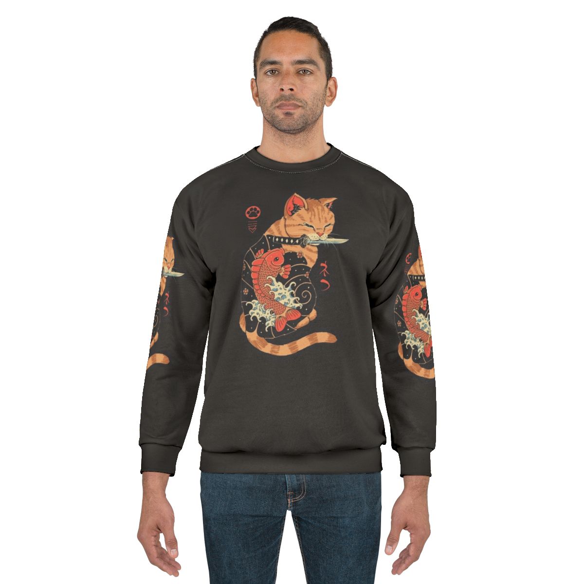 Retro cat sweatshirt with japanese carp tattoo design