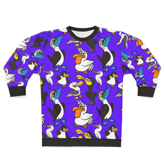Cartoon seabird flock sweatshirt with vibrant ocean wildlife pattern