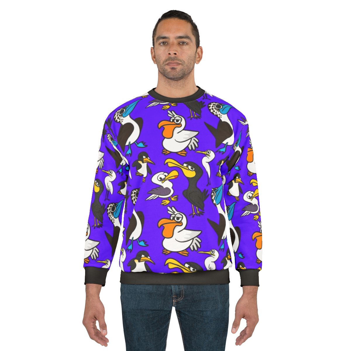 Cartoon seabird flock sweatshirt with vibrant ocean wildlife pattern