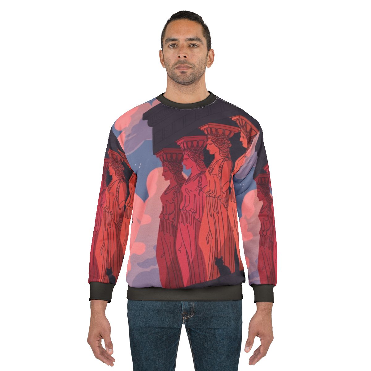 Caryatids At Dusk Sweatshirt depicting ancient Greek archaeological ruins