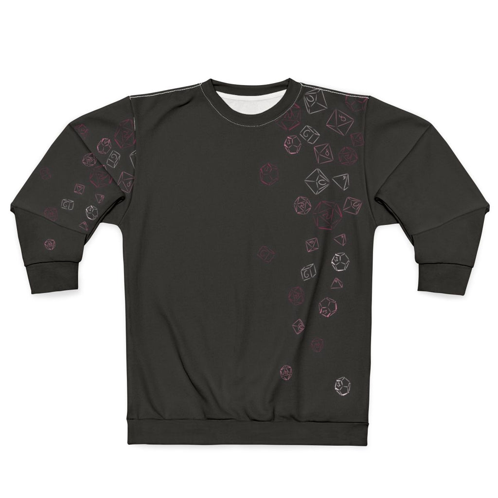 Cascading pink dice pattern on a comfortable sweatshirt for role-playing gamers