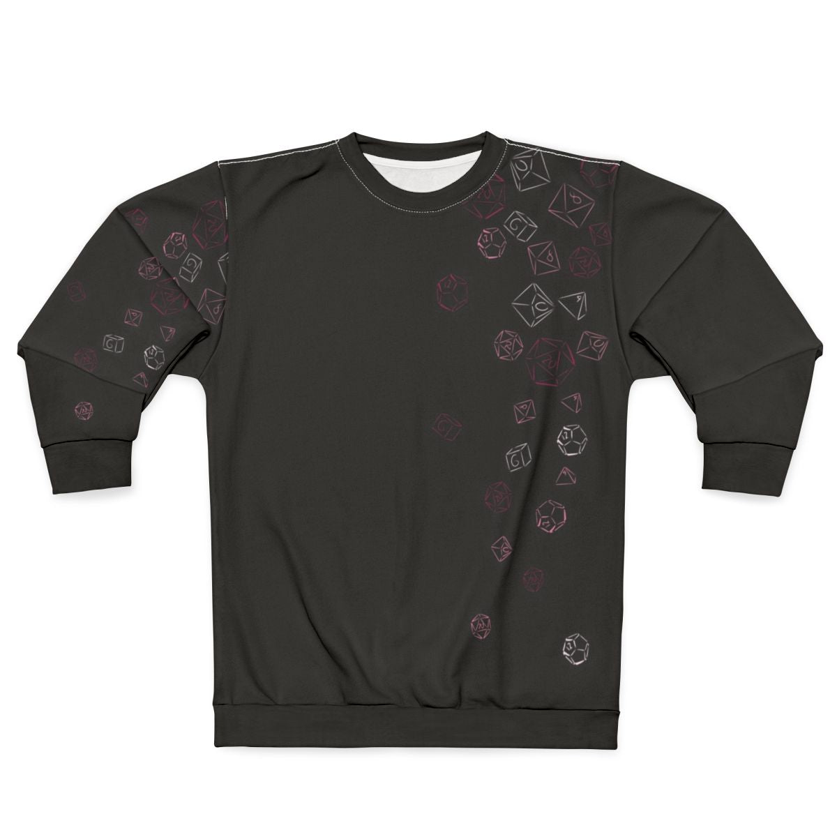 Cascading pink dice pattern on a comfortable sweatshirt for role-playing gamers