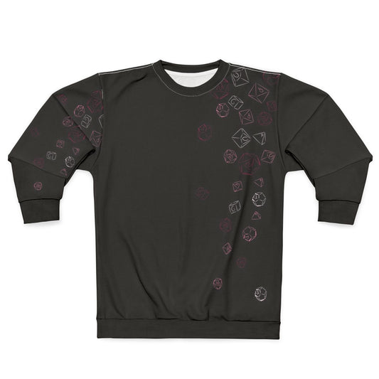 Cascading pink dice pattern on a comfortable sweatshirt for role-playing gamers