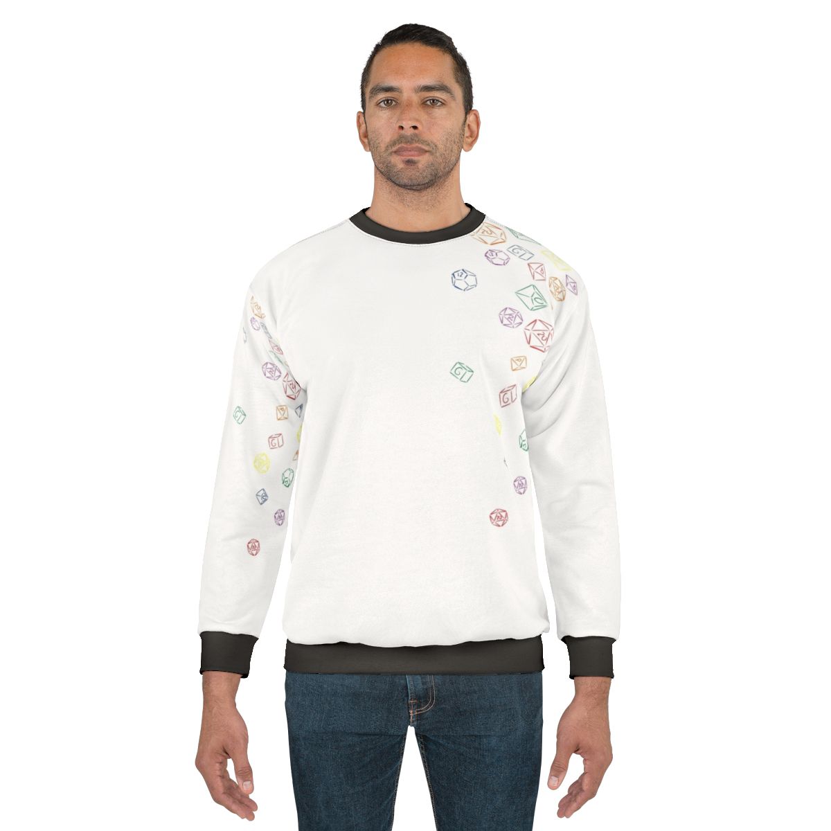 Colorful sweatshirt with a vibrant dice pattern design
