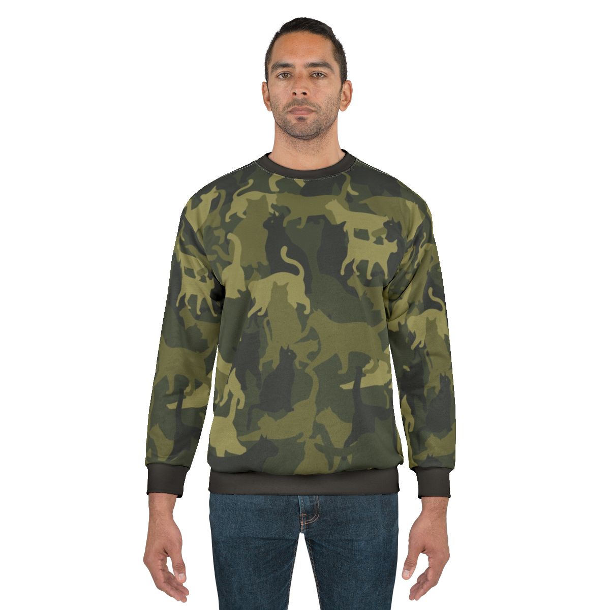 Cute cat wearing camouflage sweatshirt