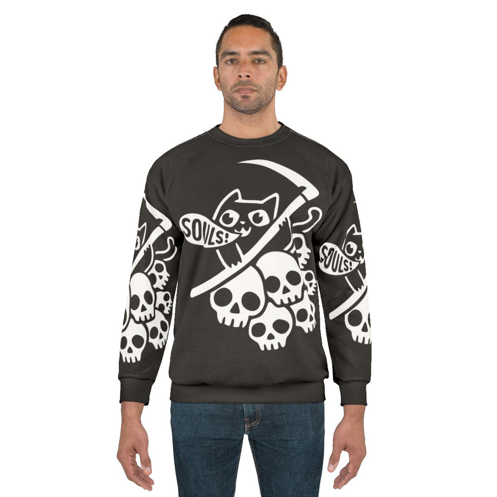 Dark gothic "Cat Got Your Soul II" sweatshirt with grim reaper and cat design