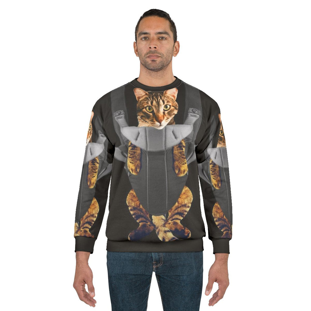 Cute tabby cat in a baby carrier on a sweatshirt