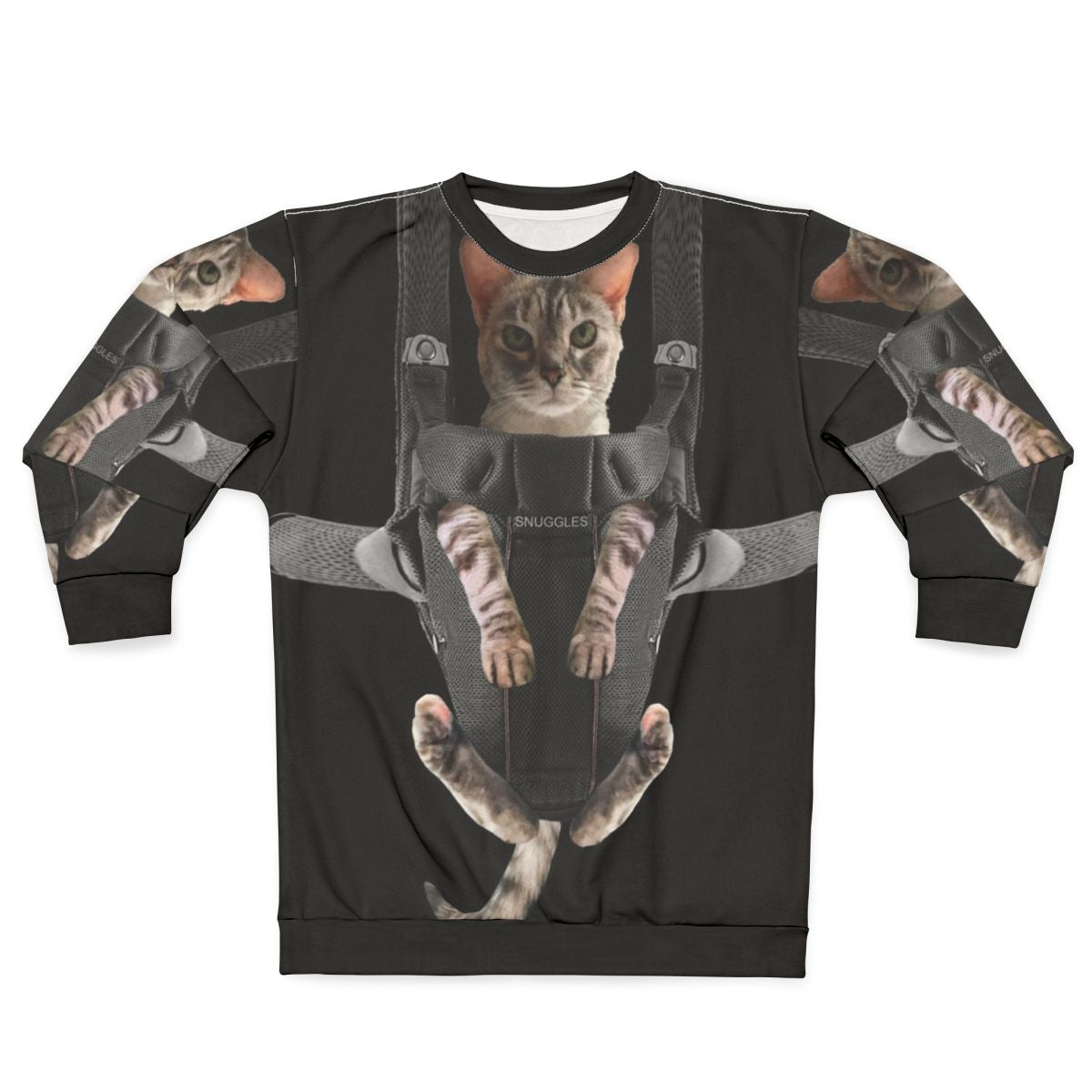A cozy gray cat snuggled in a baby carrier on a gray sweatshirt