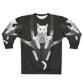 Tabby cat snuggling in a baby carrier on a white sweatshirt