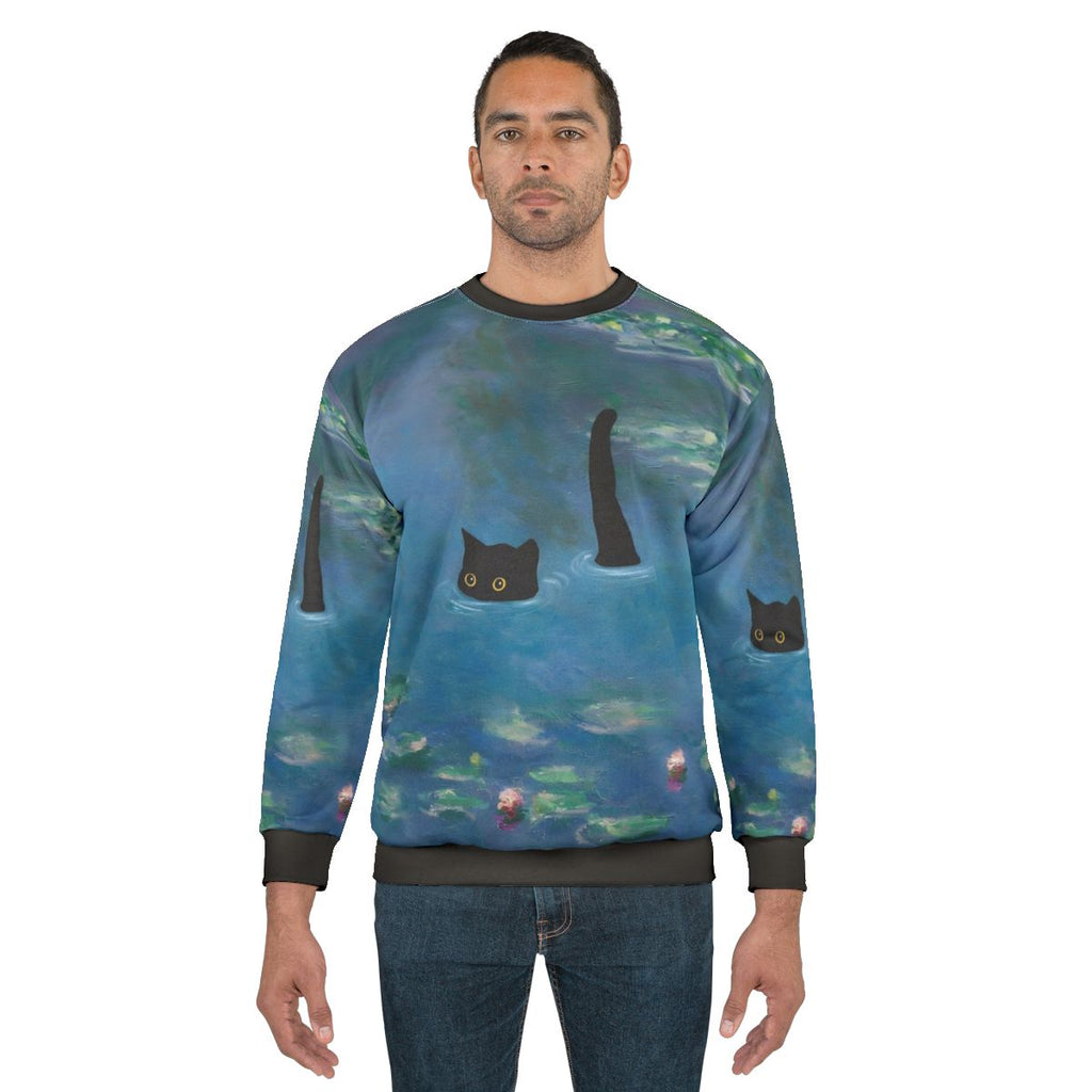 Vintage cat print monet waterlily design on a sweatshirt