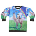 Cosmic cat riding llama unicorn rainbow UFO graphic sweatshirt