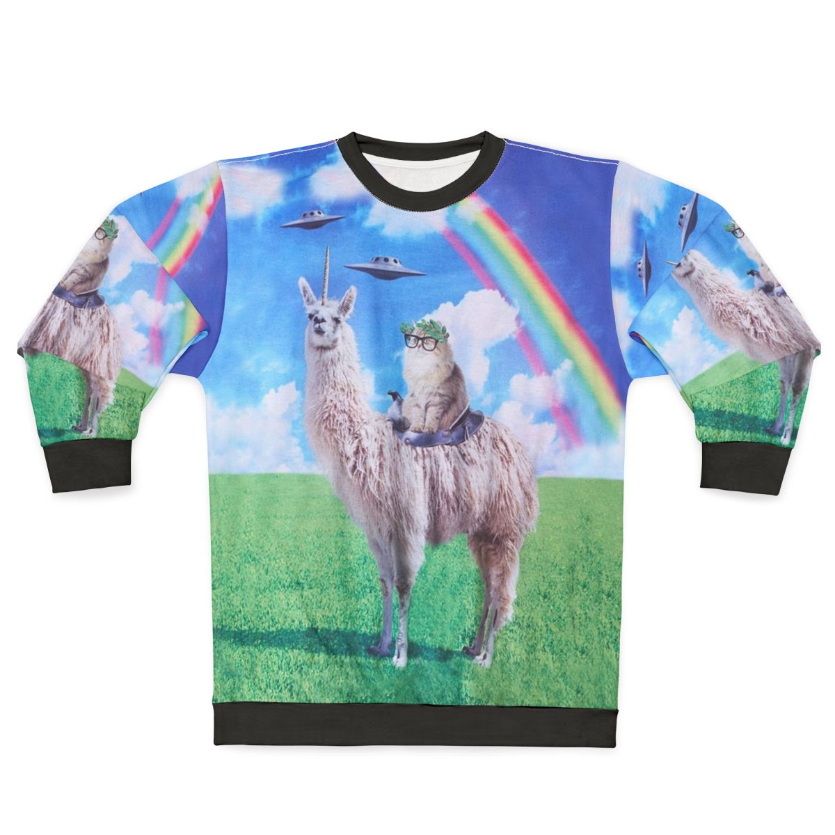 Cosmic cat riding llama unicorn rainbow UFO graphic sweatshirt