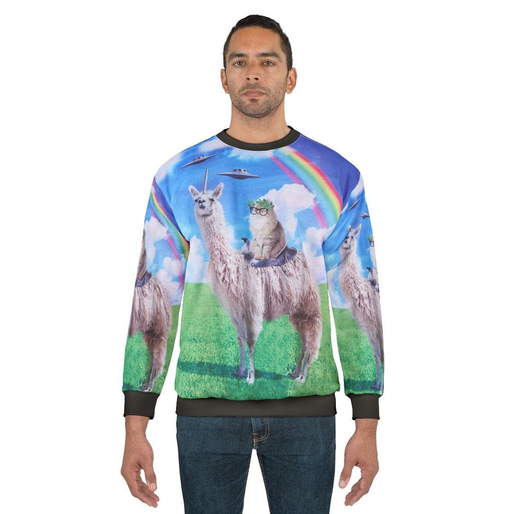 Cosmic cat riding llama unicorn rainbow UFO graphic sweatshirt