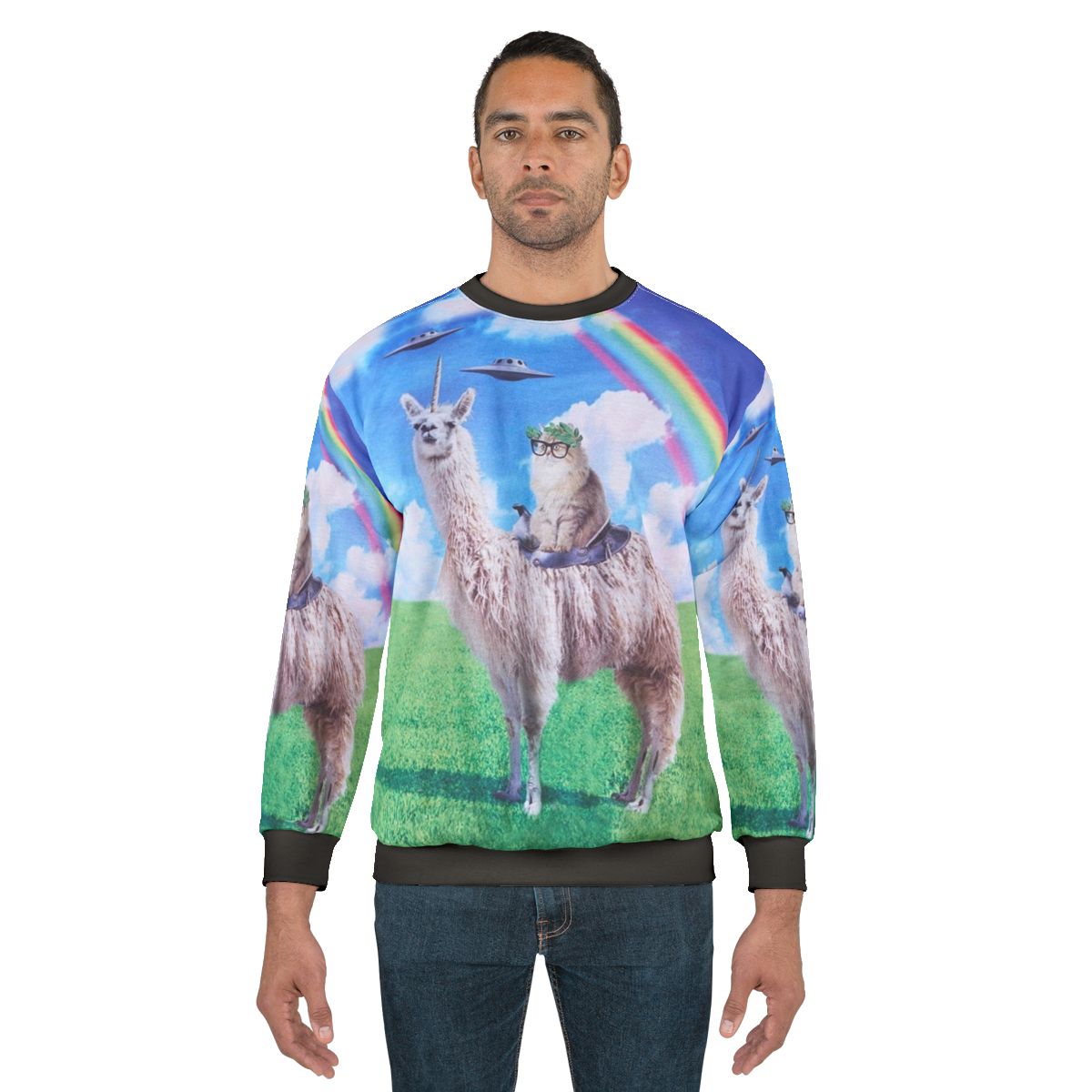 Cosmic cat riding llama unicorn rainbow UFO graphic sweatshirt