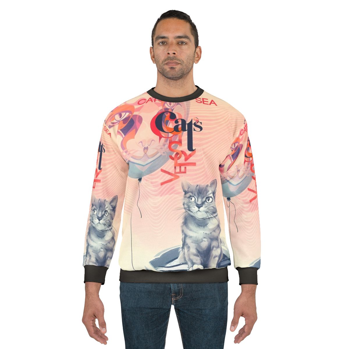Sweatshirt with hand-drawn cat in a fantasy universe