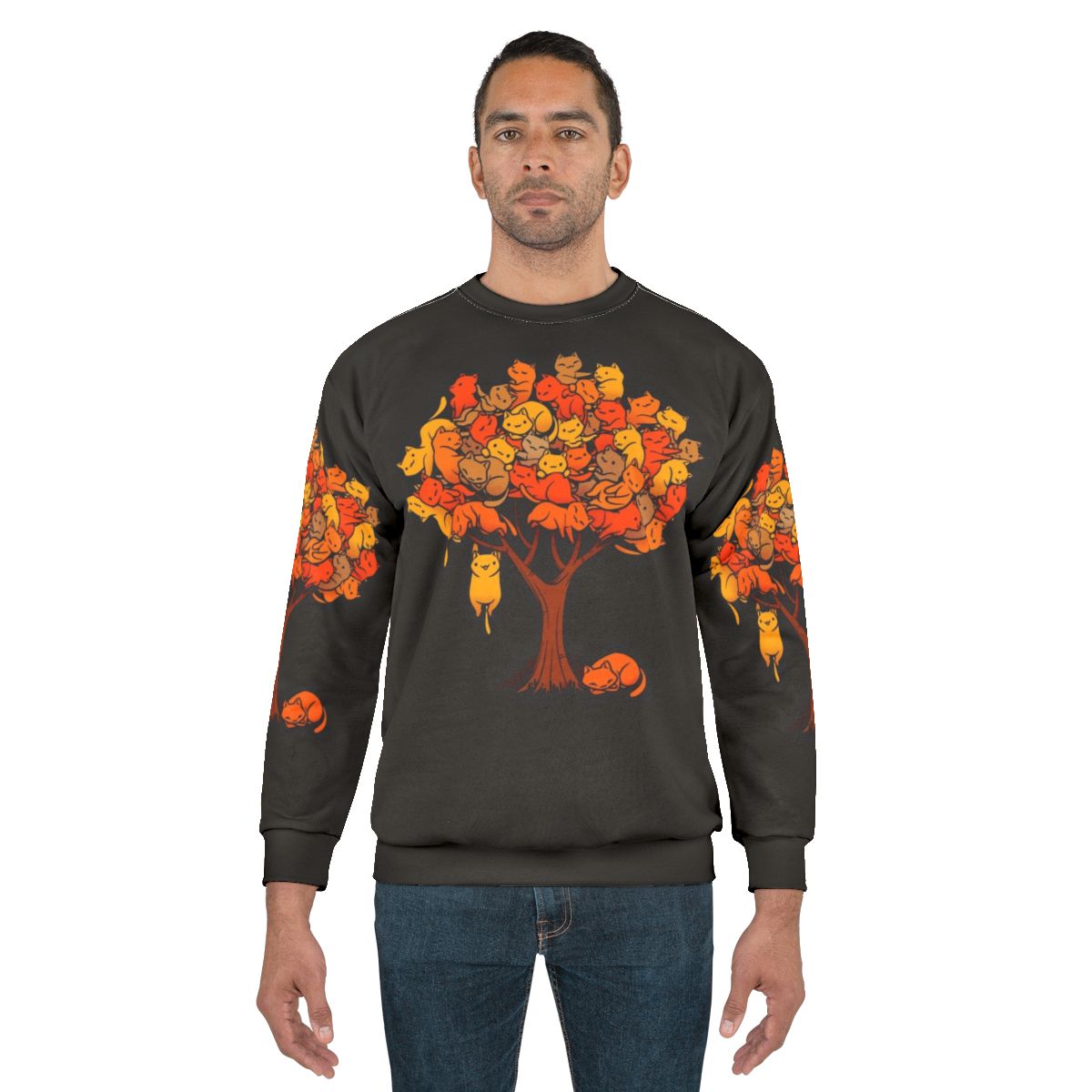 Cozy cat tree sweatshirt with funny feline design